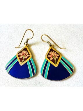 Vintage Laurel Burch Triangular Lotus Blue Turquoise Gold Tone Pierced Earrings